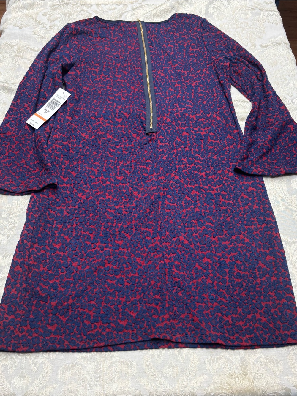 Tiana B. Navy and Red Patterned Long Sleeve Girls Dress with Back Zip